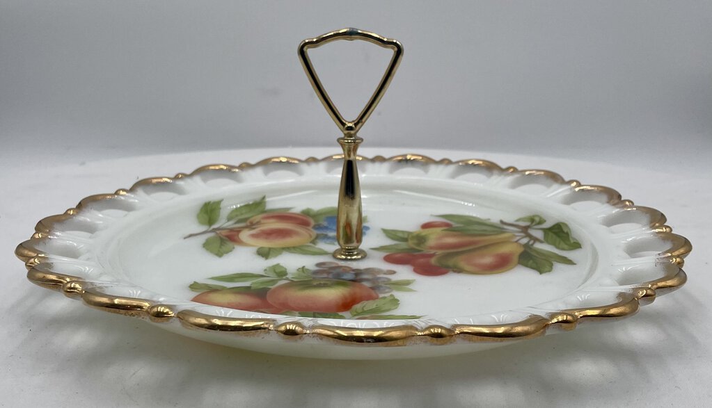 Vintage Trade Paper Co. Milk Glass Gilt Edged Hand Painted Center Handled Serving Platter 13"