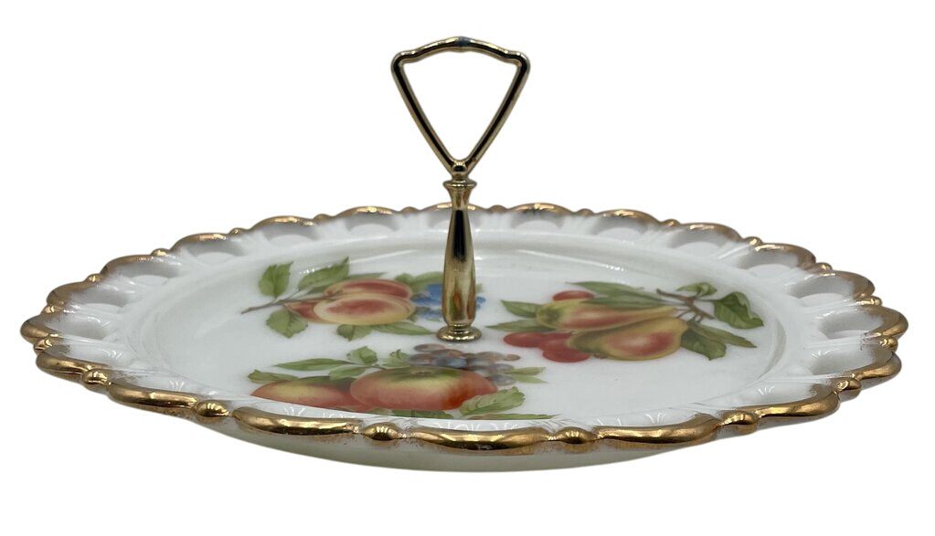 Vintage Trade Paper Co. Milk Glass Gilt Edged Hand Painted Center Handled Serving Platter 13" by Miss Daisy's Consignment & Auction House