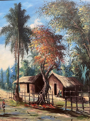 Maghsi Oil on Canvas African Village in Forest Signed