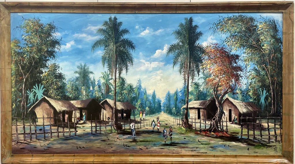 Maghsi Oil on Canvas African Village in Forest Signed