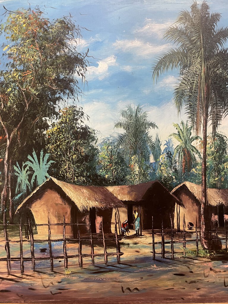 Maghsi Oil on Canvas African Village in Forest Signed