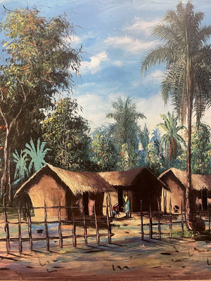 Maghsi Oil on Canvas African Village in Forest Signed