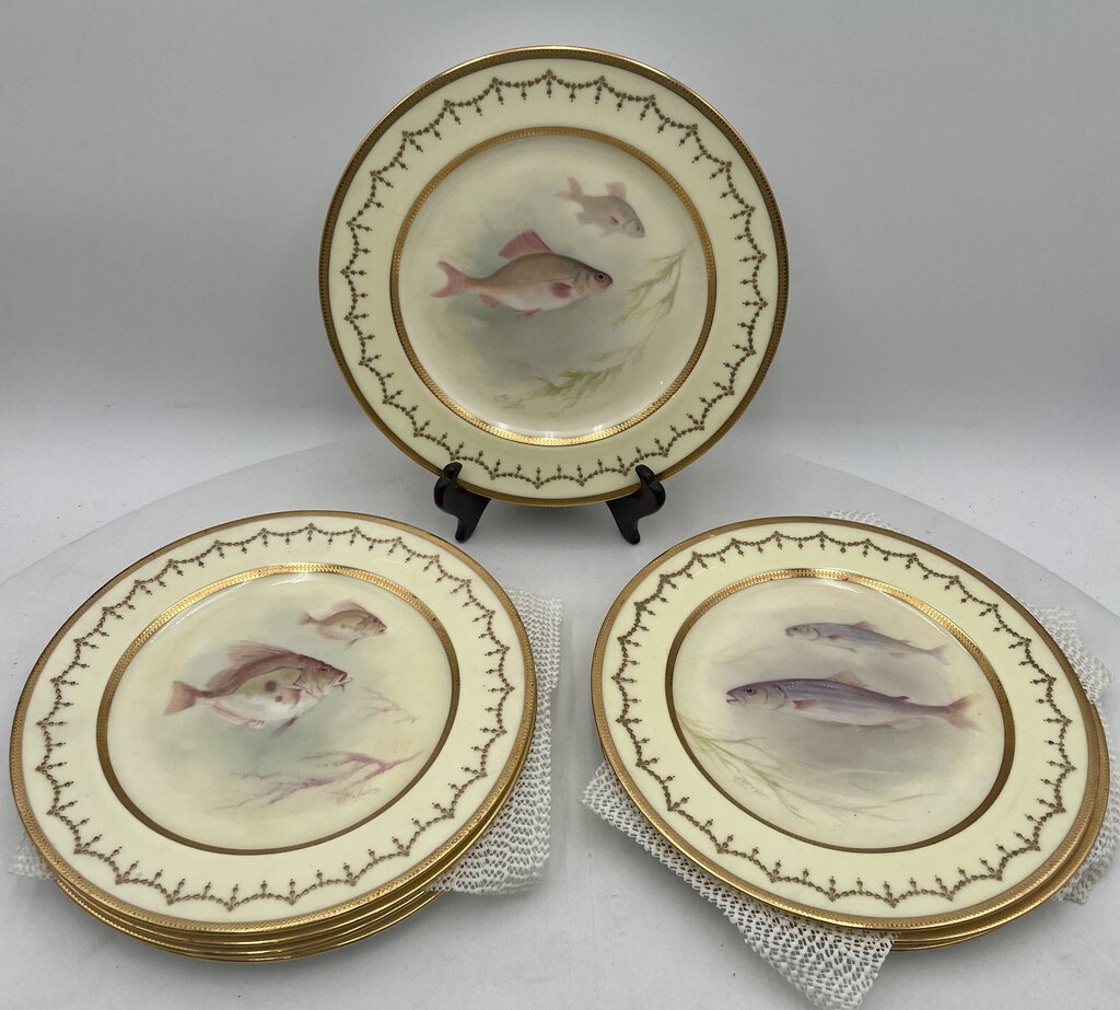 Royal Doulton S. Wilson Gilded Hand Painted Fish Plates (8Pcs)