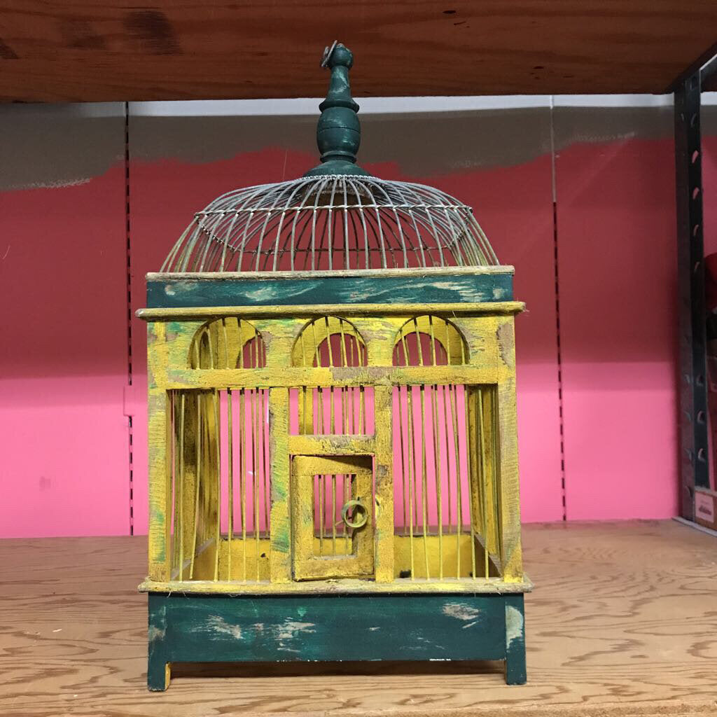 Vintage Wood Wire Yellow Green Birdcage