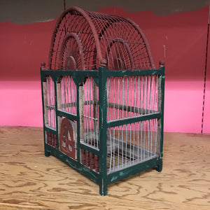 Vintage Wood Wire Red Green Birdcage