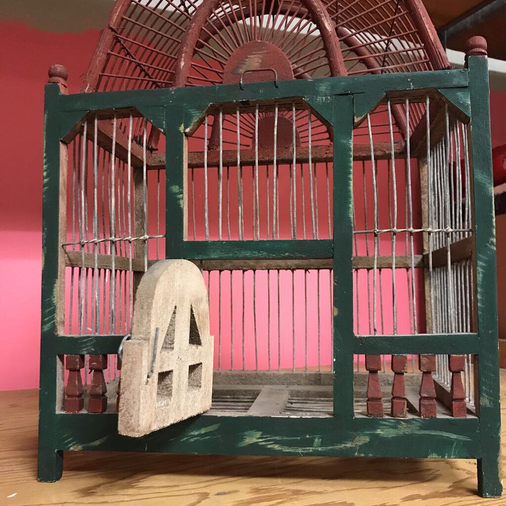 Vintage Wood Wire Red Green Birdcage