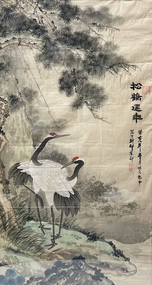 20th C. Ming Style Two Cranes Ink Wash on Silk