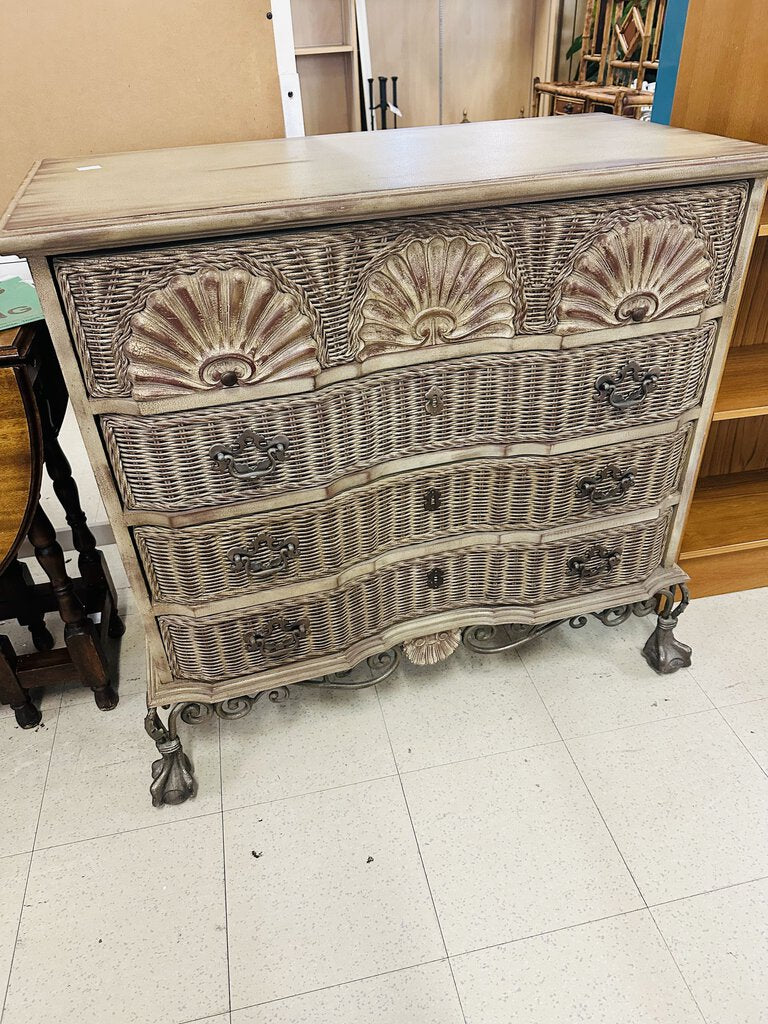 Scalloped Rattan Dresser With Wrought Iron Legs
