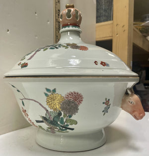 Asian Style Hand Painted Lidded Tureen w/ Deer Handles