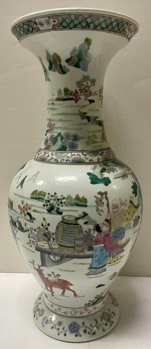 Chinese Multicolor Enameled White Porcelain Village Motif Vase