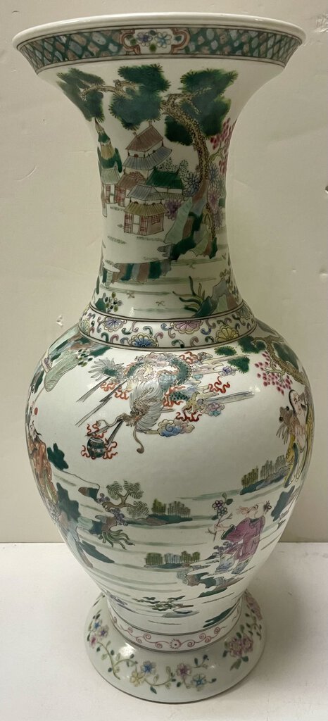 Chinese Multicolor Enameled White Porcelain Village Motif Vase