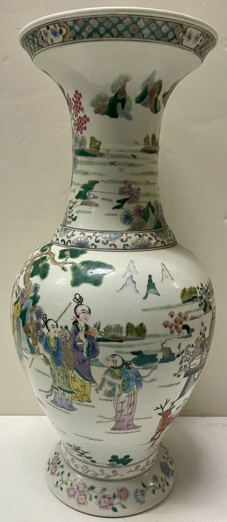 Chinese Multicolor Enameled White Porcelain Village Motif Vase