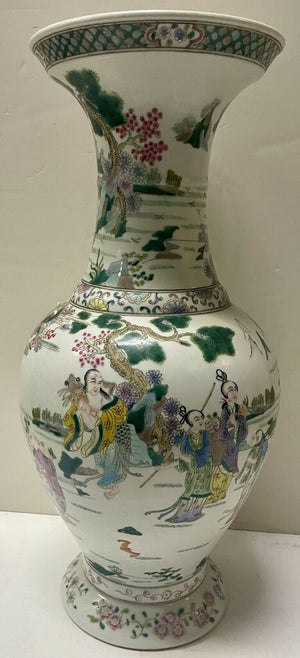 Chinese Multicolor Enameled White Porcelain Village Motif Vase