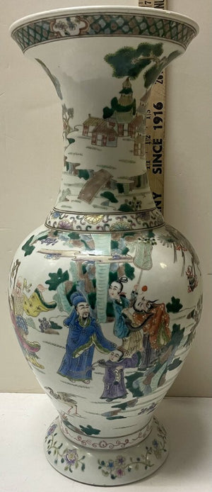 Chinese Multicolor Enameled White Porcelain Village Motif Vase