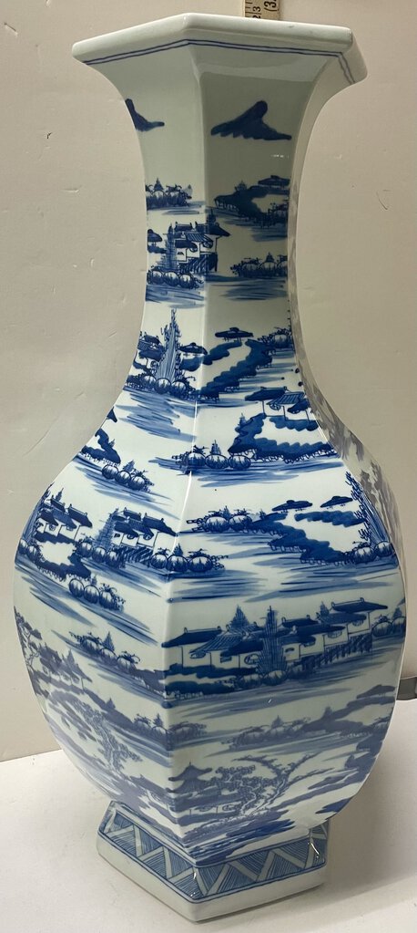 Yongzheng Style Blue White Hexagonal Porcelain Village Motif Large Vase