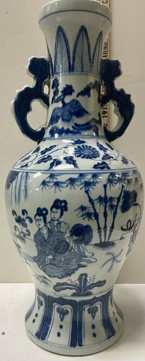 Chinese Blue White Porcelain Women Musicians Motif Handled Vase