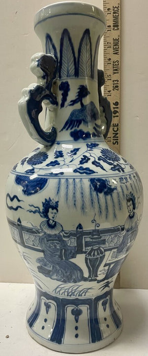 Chinese Blue White Porcelain Women Musicians Motif Handled Vase