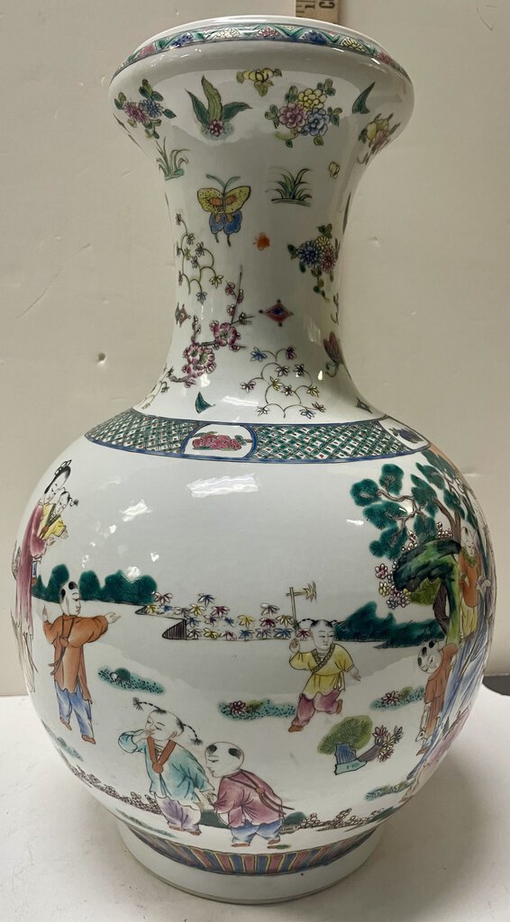 Chinese White Green Royal Famille Hand Painted Enameled Vase