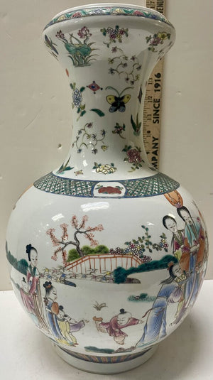 Chinese White Green Royal Famille Hand Painted Enameled Vase