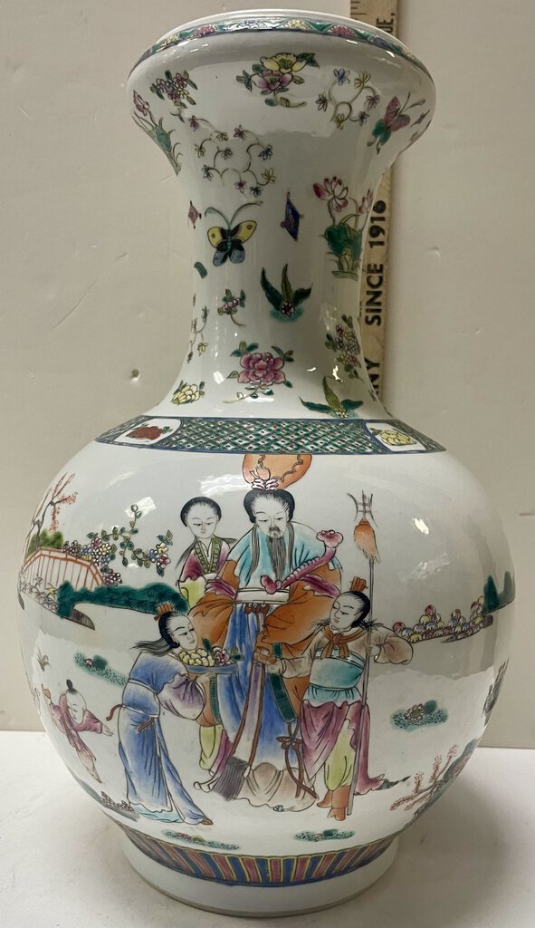 Chinese White Green Royal Famille Hand Painted Enameled Vase