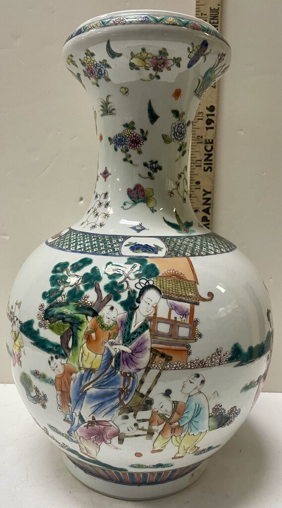 Chinese White Green Royal Famille Hand Painted Enameled Vase