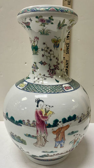 Chinese White Green Royal Famille Hand Painted Enameled Vase