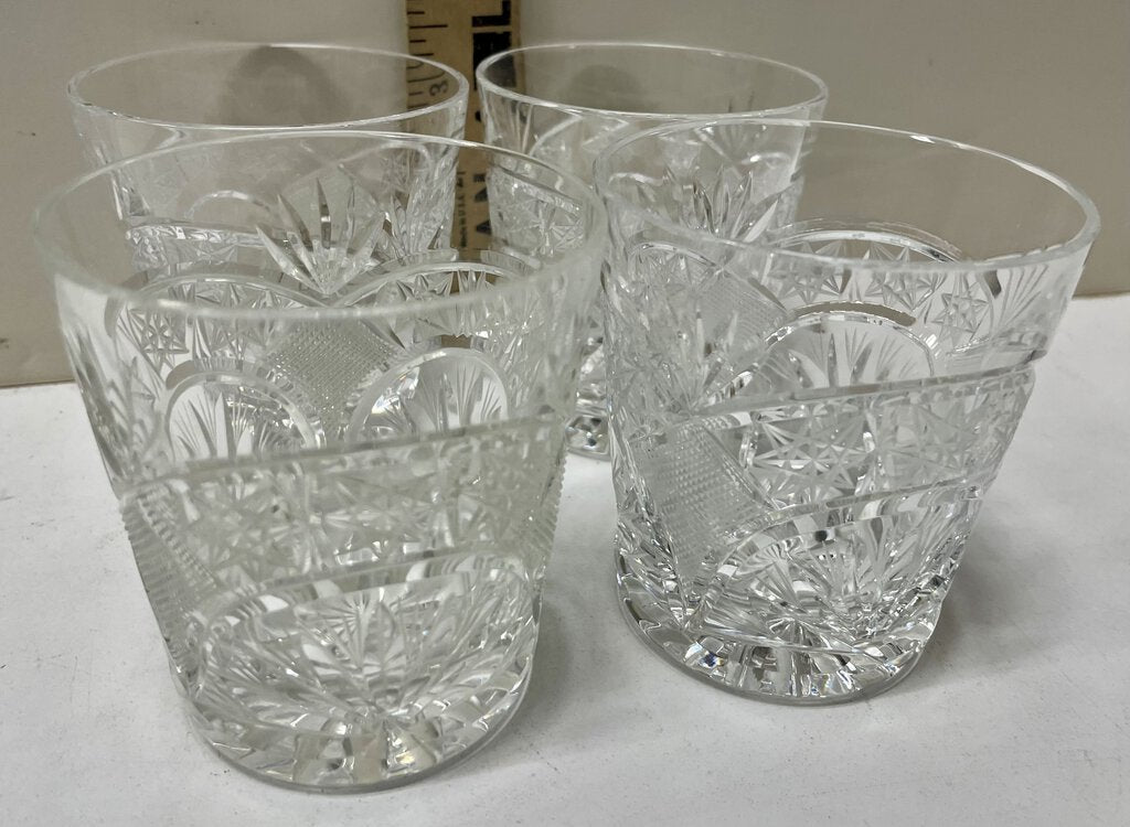 Bohemian Crystalex Cut Glass Fan Crosshatch Star Old Fashioned Glasses (Set of 4)