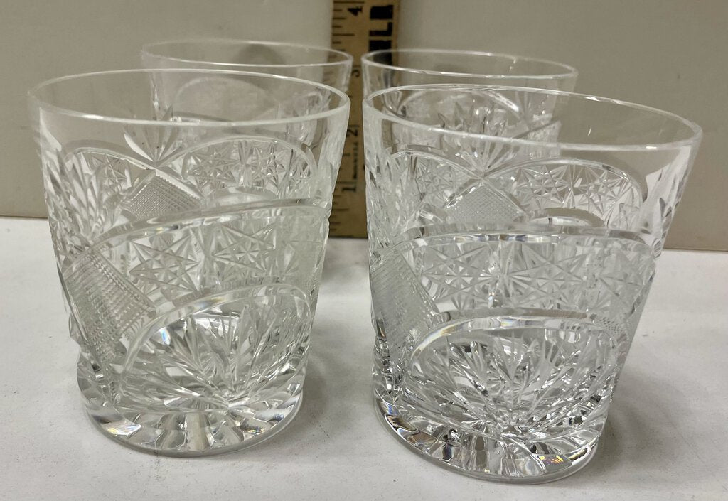 Bohemian Crystalex Cut Glass Fan Crosshatch Star Old Fashioned Glasses (Set of 4)