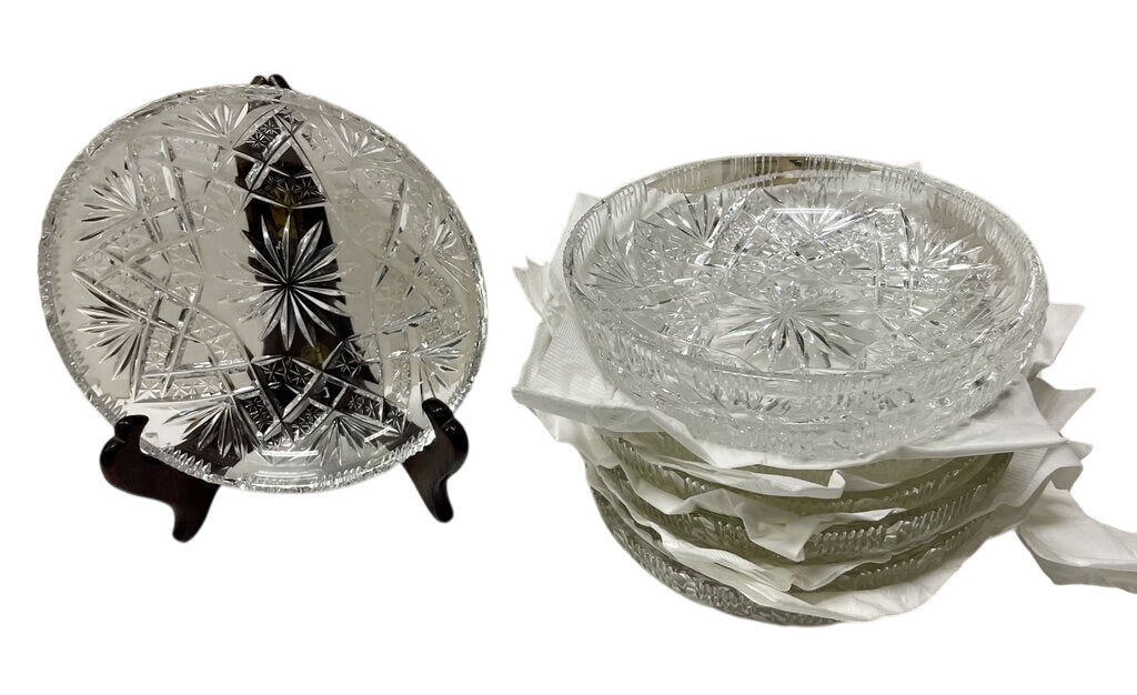 Bohemian Crystalex Cut Glass Fan Crosshatch Star Dessert Dishes (Set of 4)