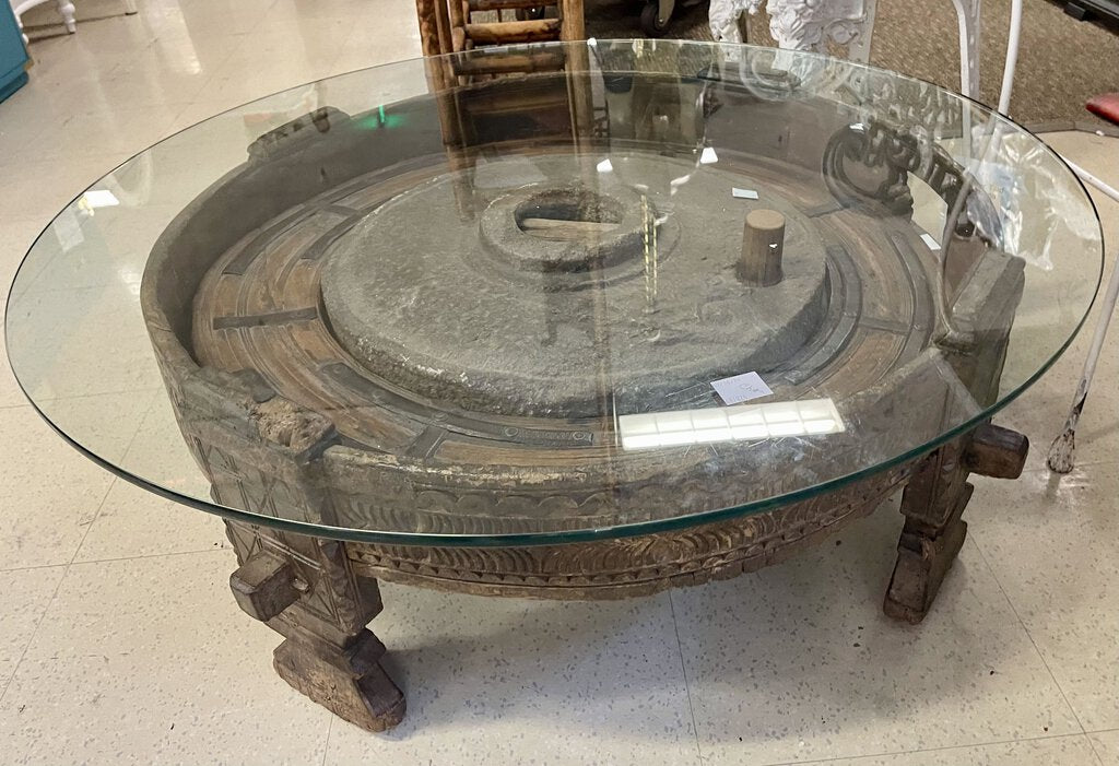 Antique Indian Teak Chakki Spice Grinding Table w/ Glass Top