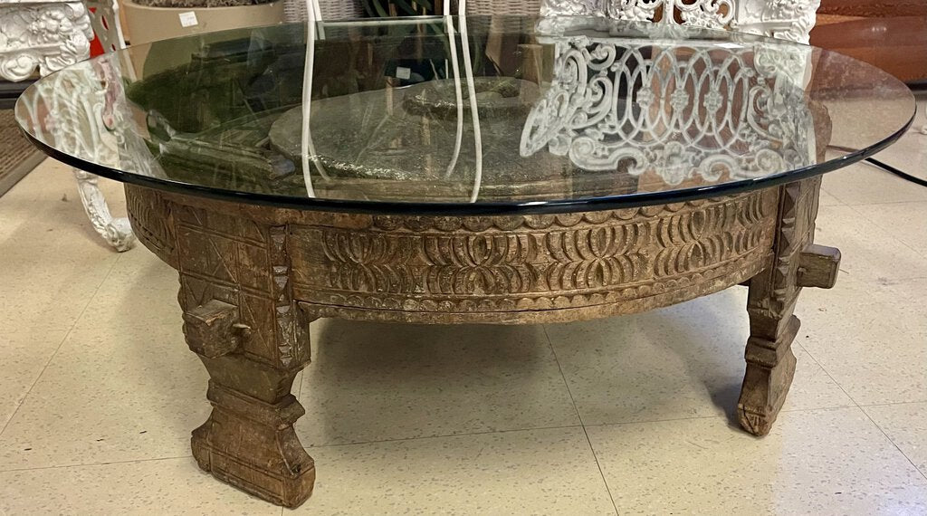 Antique Indian Teak Chakki Spice Grinding Table w/ Glass Top