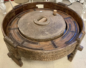 Antique Indian Teak Chakki Spice Grinding Table w/ Glass Top