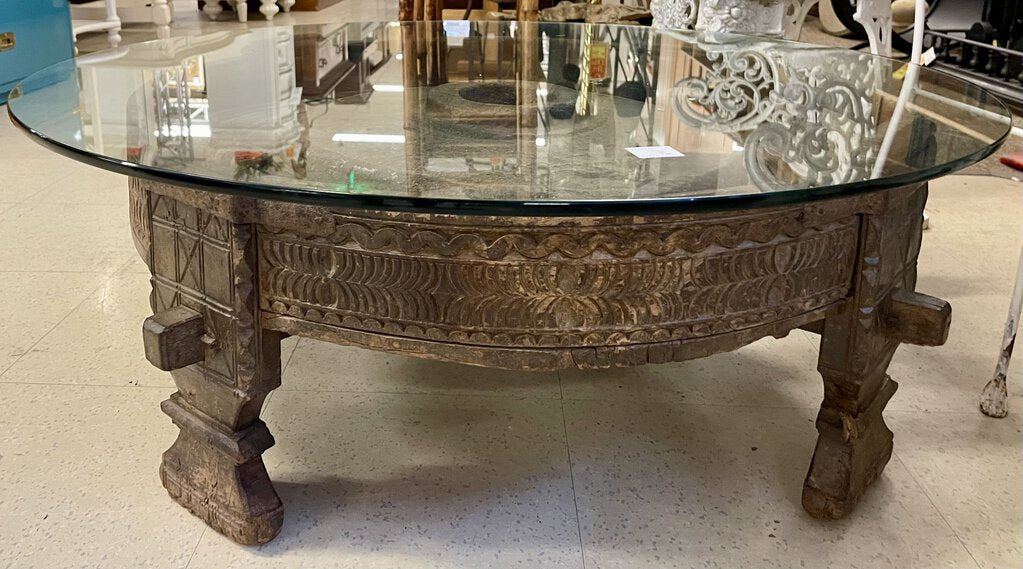 Antique Indian Teak Chakki Spice Grinding Table w/ Glass Top