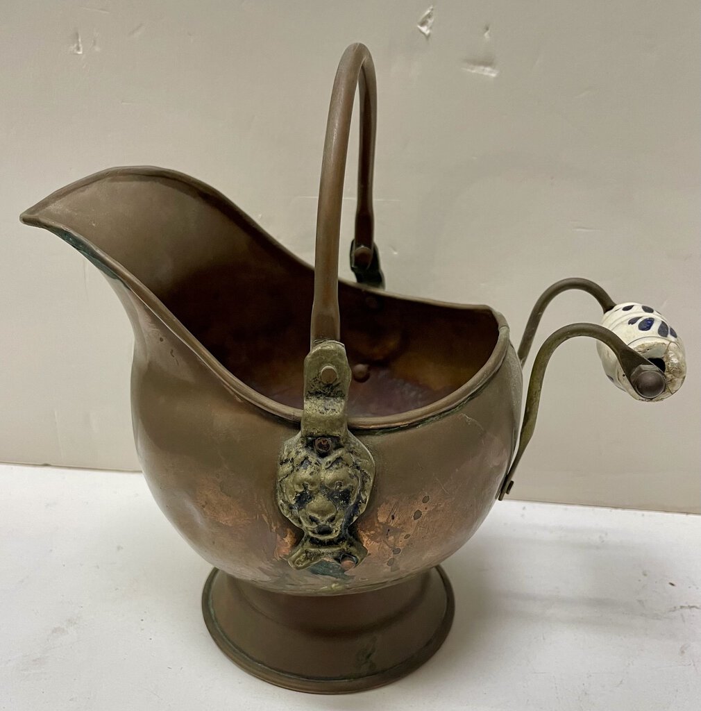 Vintage Porcelain Handled Copper Pot Lion Motif