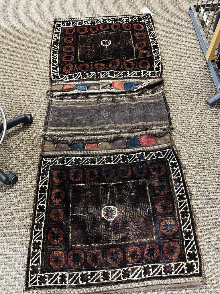 Baloch (West Afghanistan) Brown and Burgundy Double Bag with White and Blue Accents- Wool on Cotton Foundation# 2067