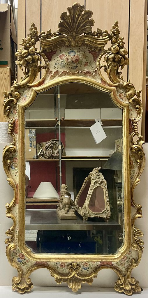 Early 20th C. Italian Rococo Style Painted, Gilt, Ornately Carved Mirror