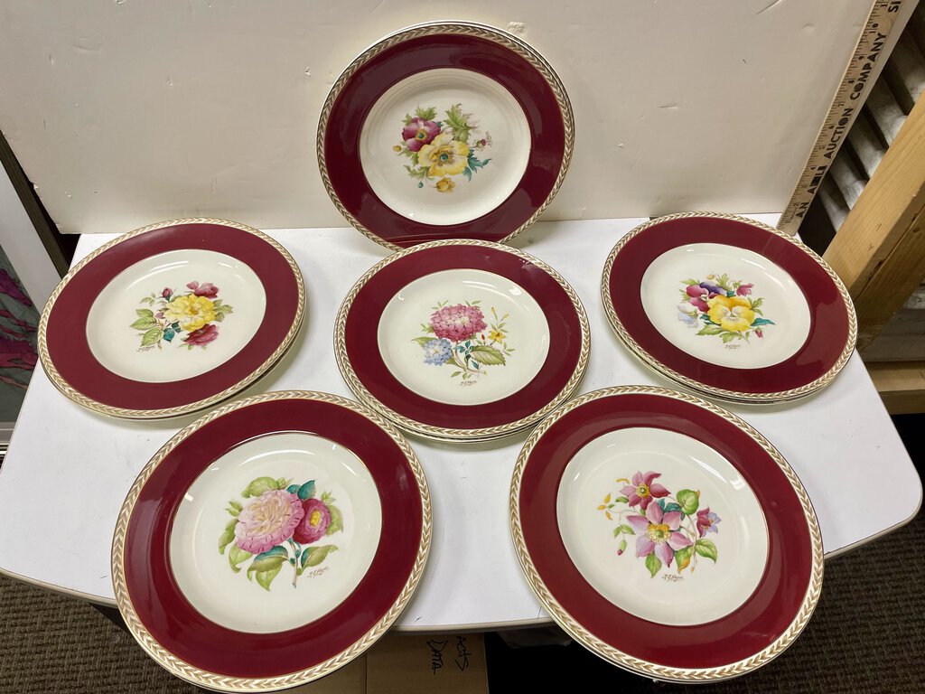 Crown Ducal 10.5" Maroon Rimmed Gold Trim Hand Painted Floral Plates (12 Set)