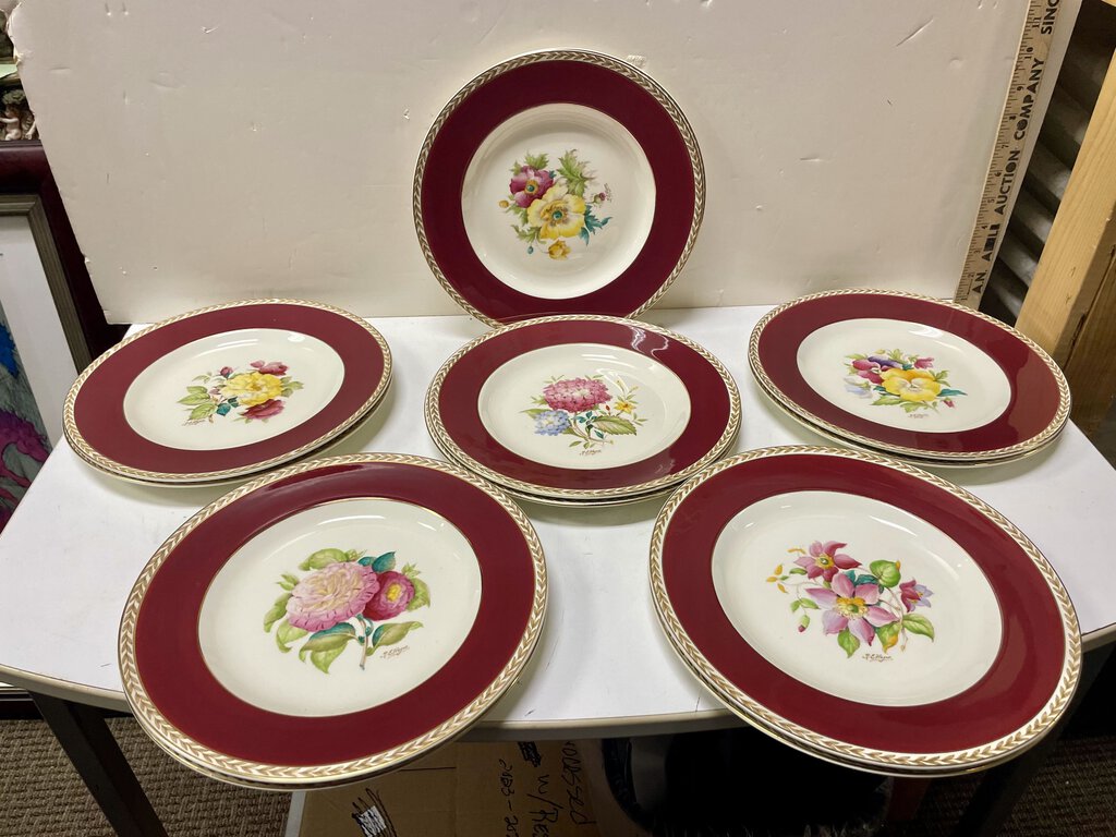 Crown Ducal 10.5" Maroon Rimmed Gold Trim Hand Painted Floral Plates (12 Set)