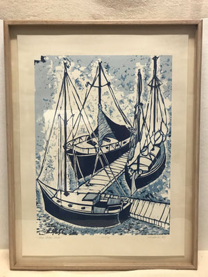 Laura Porakova "Three Harbor Boats" 137/175 Woodblock Print 26x33