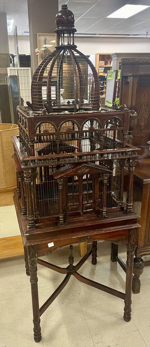 Antique Victorian Monumental Architectural Mahogany Bird Cage on Stand