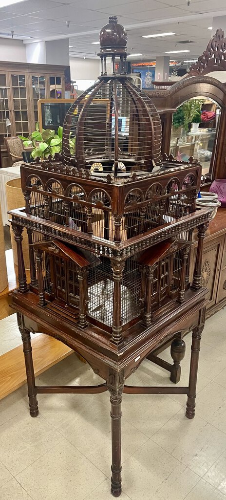 Antique Victorian Monumental Architectural Mahogany Bird Cage on Stand