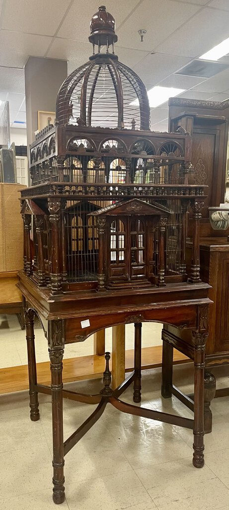 Antique Victorian Monumental Architectural Mahogany Bird Cage on Stand