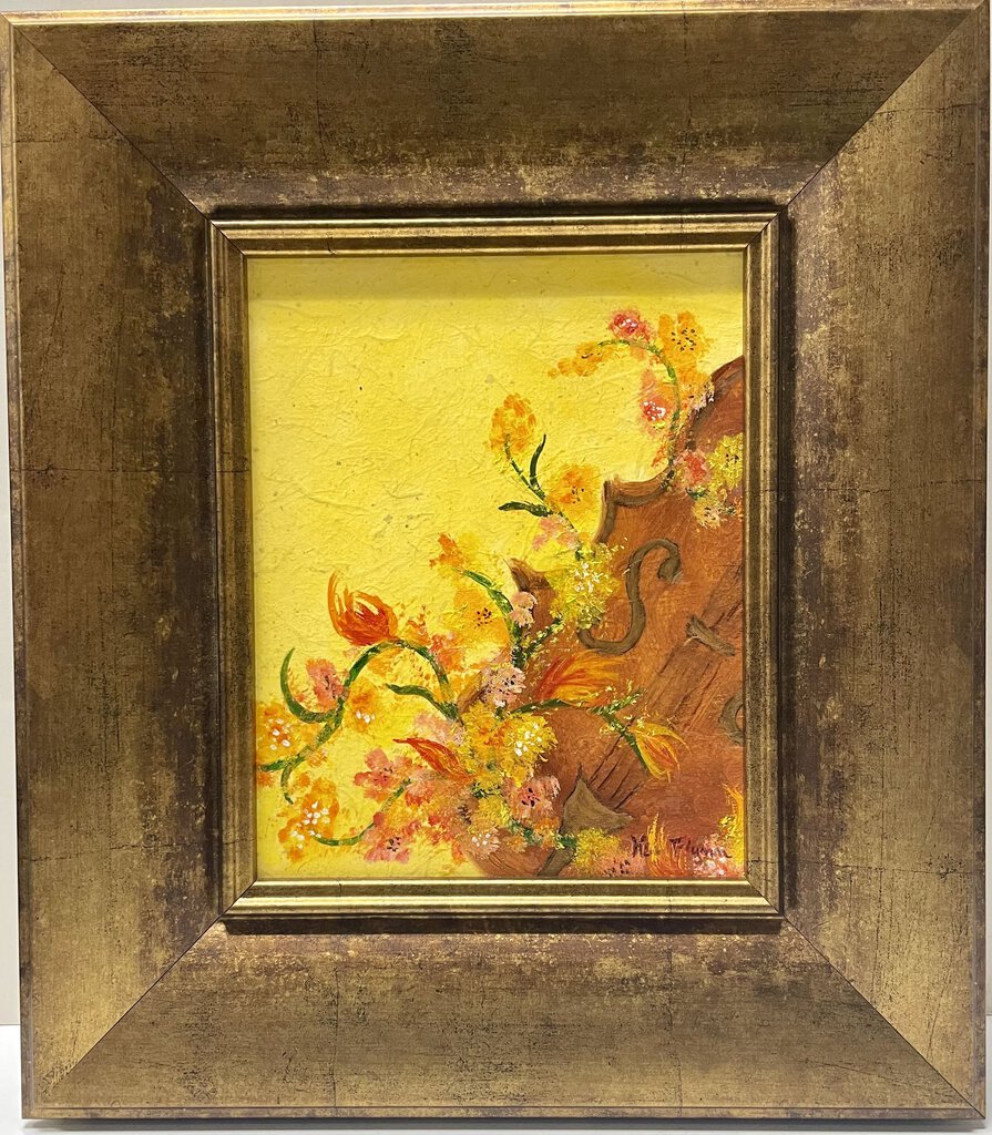 K Flynn Oil On Board Still Life Viol and Floral Motif Signed