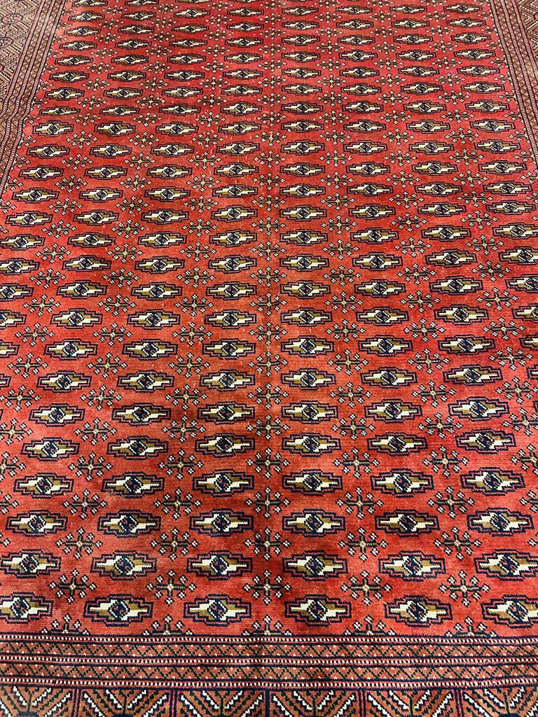 Hand Knotted Red Persian Rug, with light brown/beige accents.