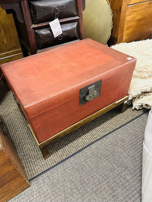 Chinese Red Leather Trunk On Stand 29.5x20.5x 18