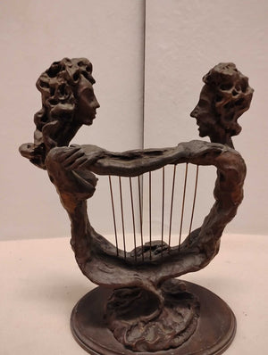 Signed Bronze Sculpture Two Figures With Harp