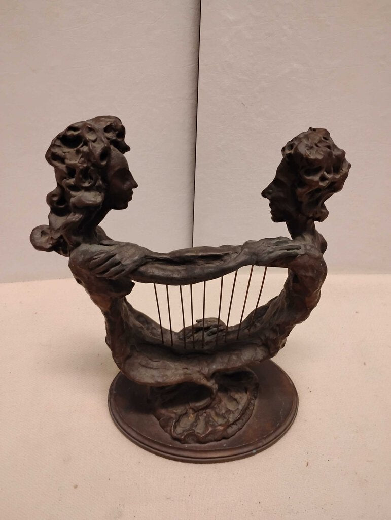 Signed Bronze Sculpture Two Figures With Harp