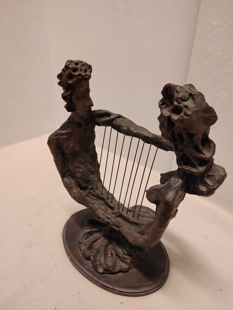 Signed Bronze Sculpture Two Figures With Harp