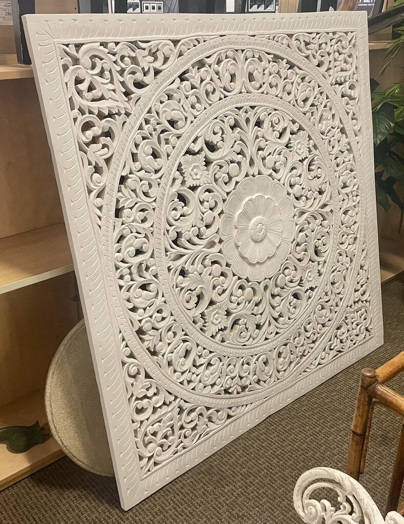 White Ornately Carved Wood Mandala Style Lotus Pattern Wall Panel