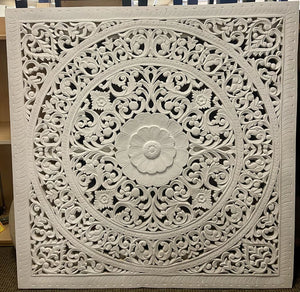 White Ornately Carved Wood Mandala Style Lotus Pattern Wall Panel